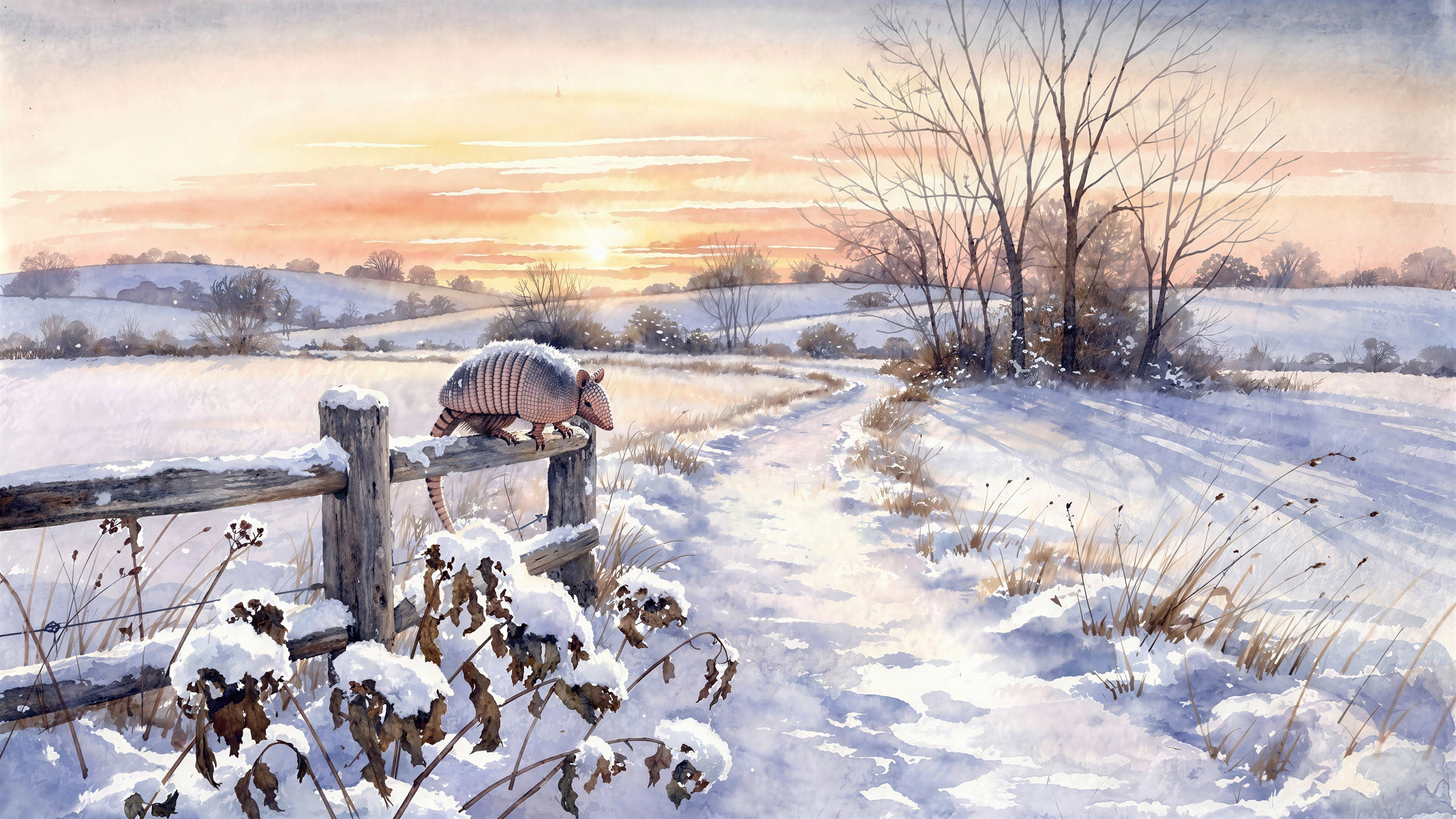 Watercolor Winter Landscape with Armadillo on Fence