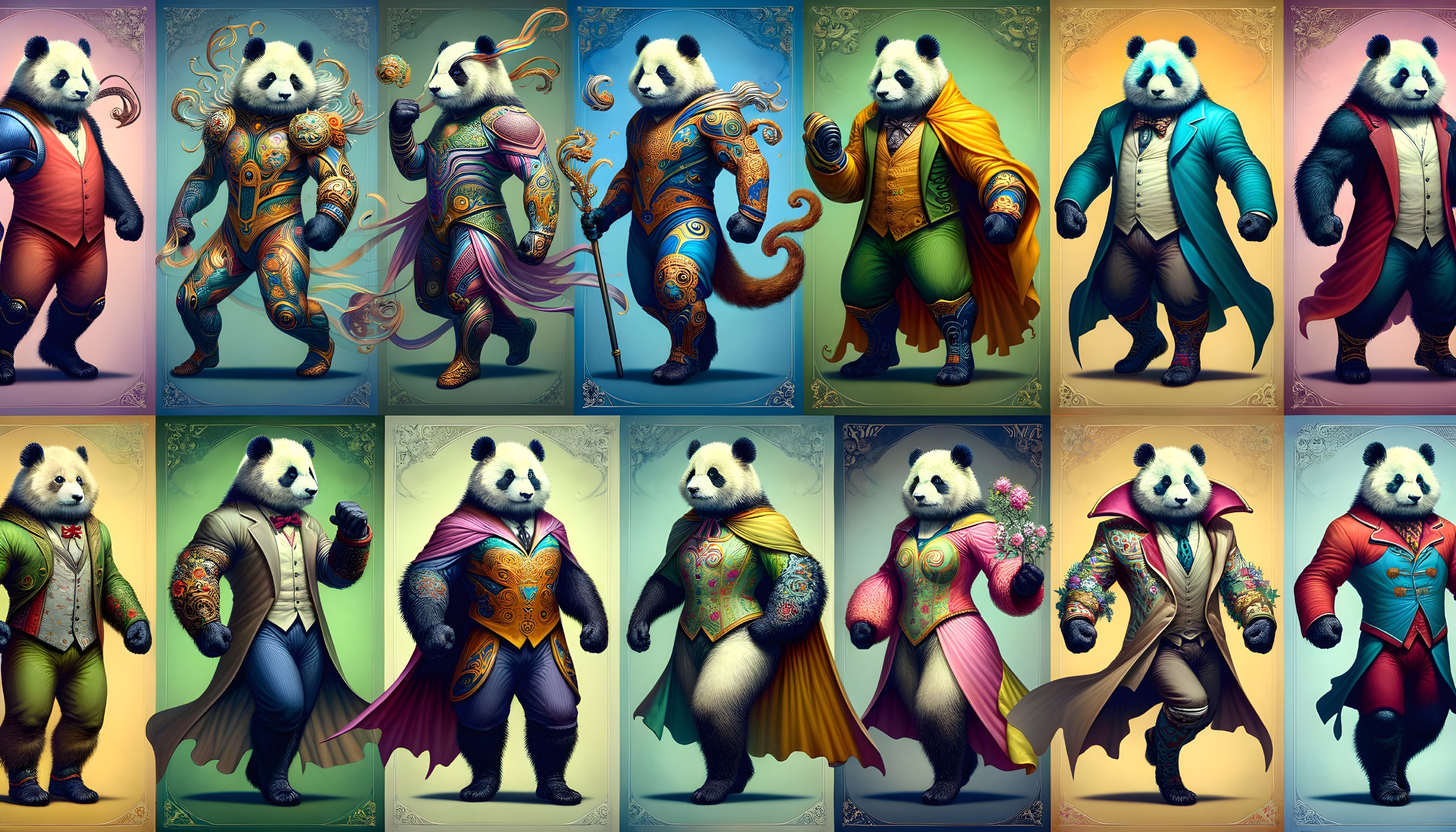 Colorful Anthropomorphic Pandas in Elaborate Costumes