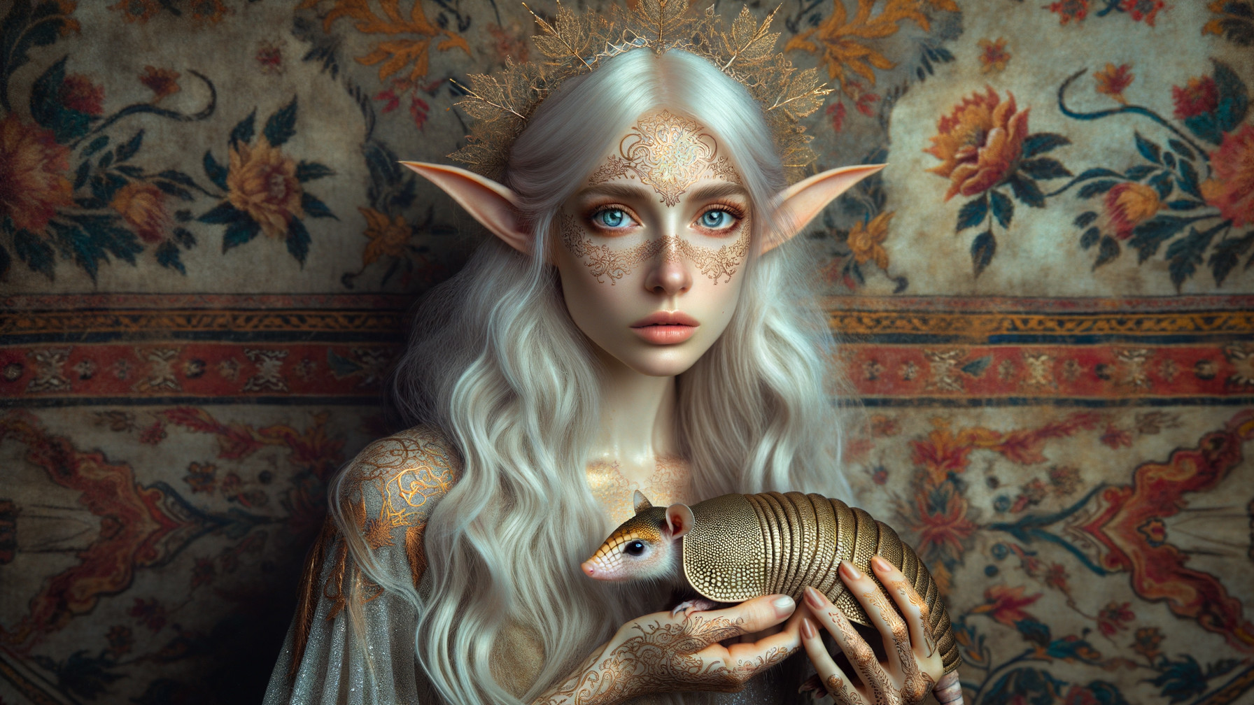Mystical Figure with Floral Background and Armadillo