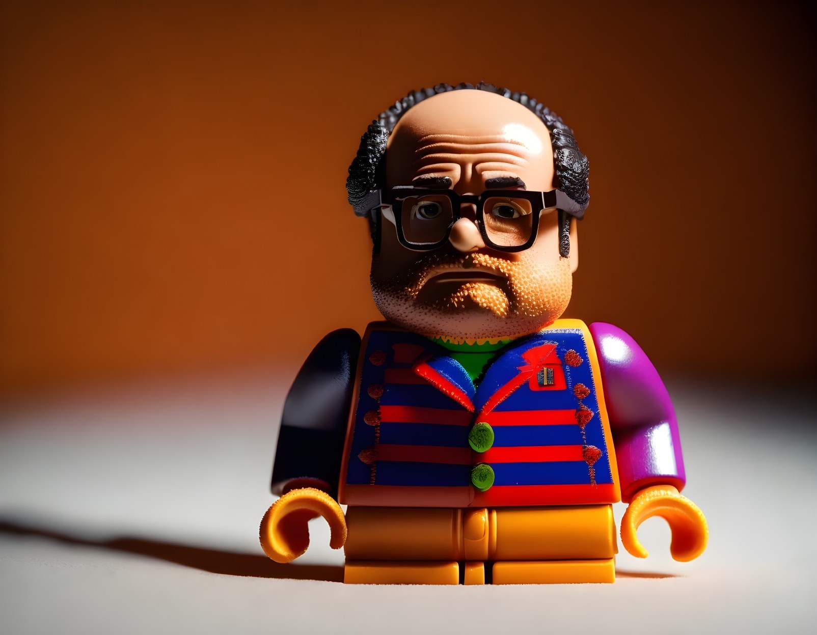 Grumpy Lego figure in purple suit on amber background