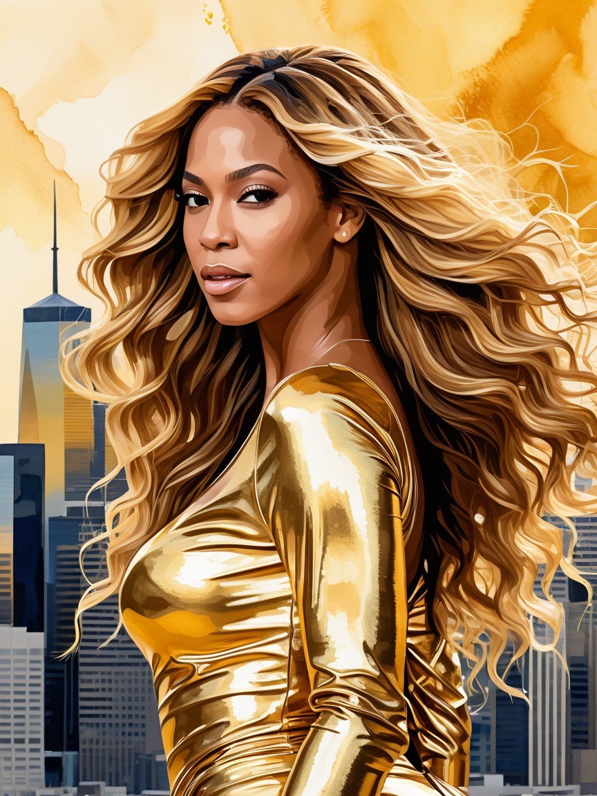 Portrait of a Woman in Gold Against City Skyline