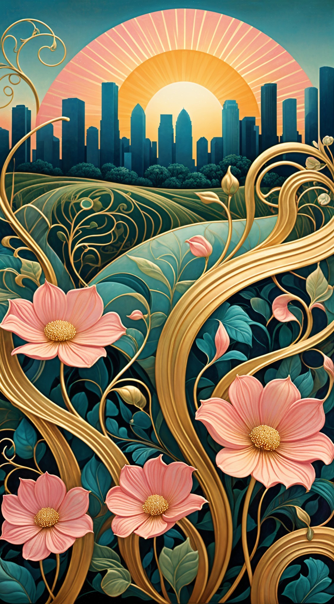 Stylized City Skyline with Sunrise and Vines