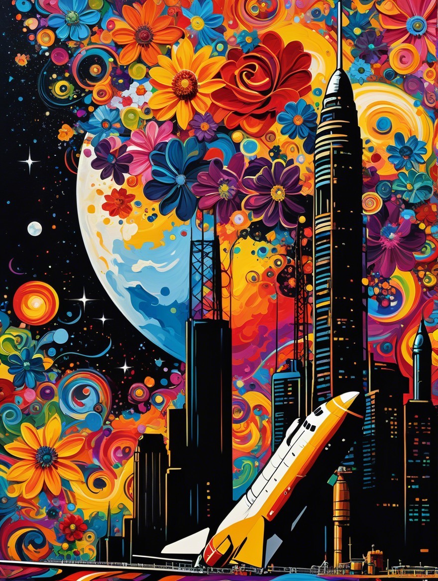 Psychedelic Rocket Launch Against Colorful Skyline