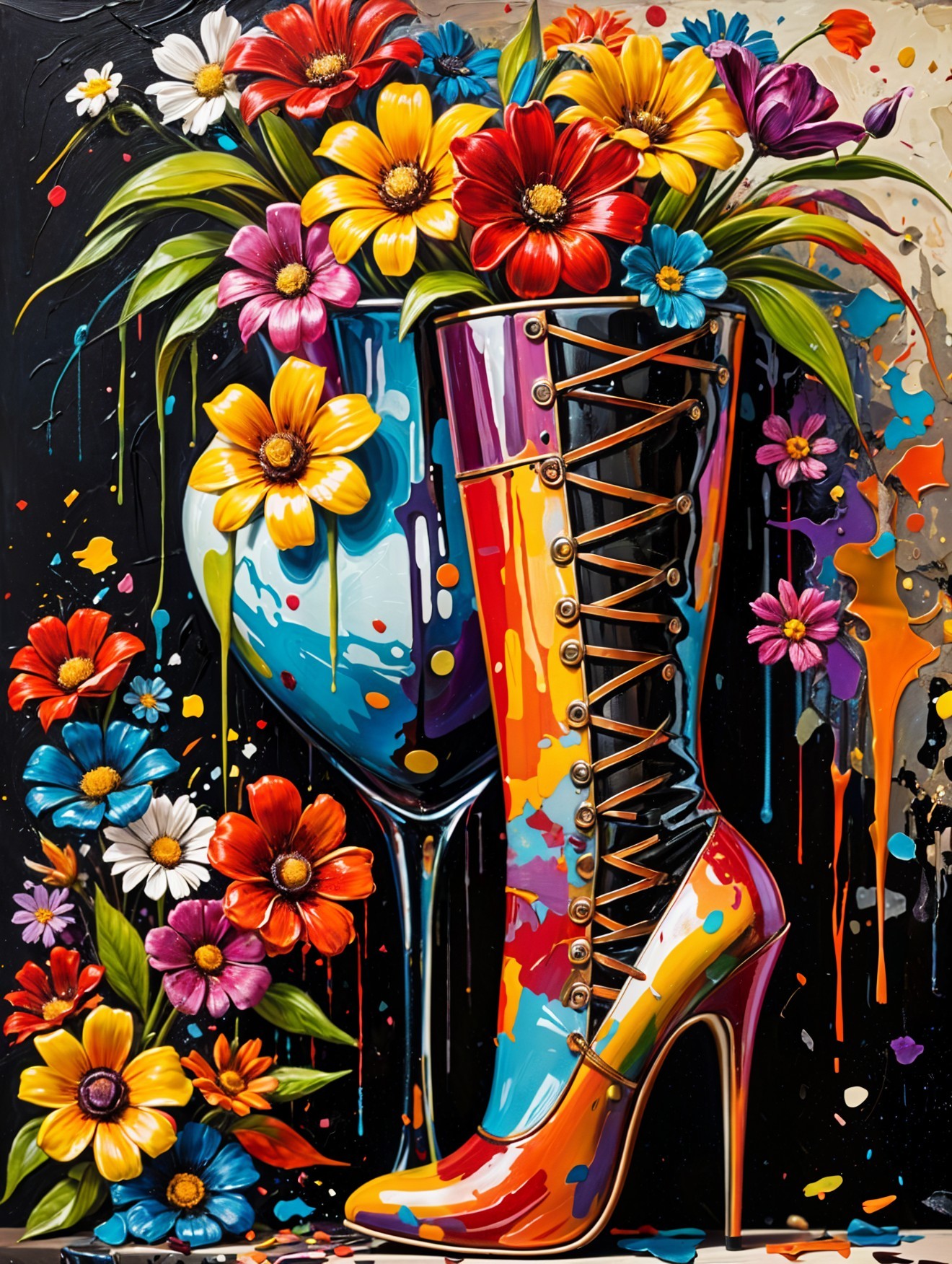 Colorful High-Heeled Boot Surrounded by Blooming Flowers