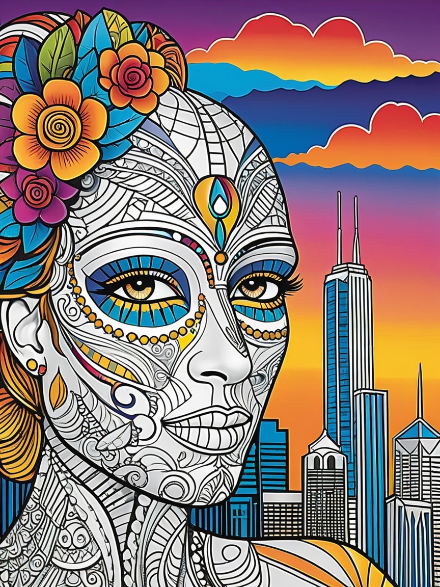 Vibrant Face Art with Flowers Against Sunset Skyline