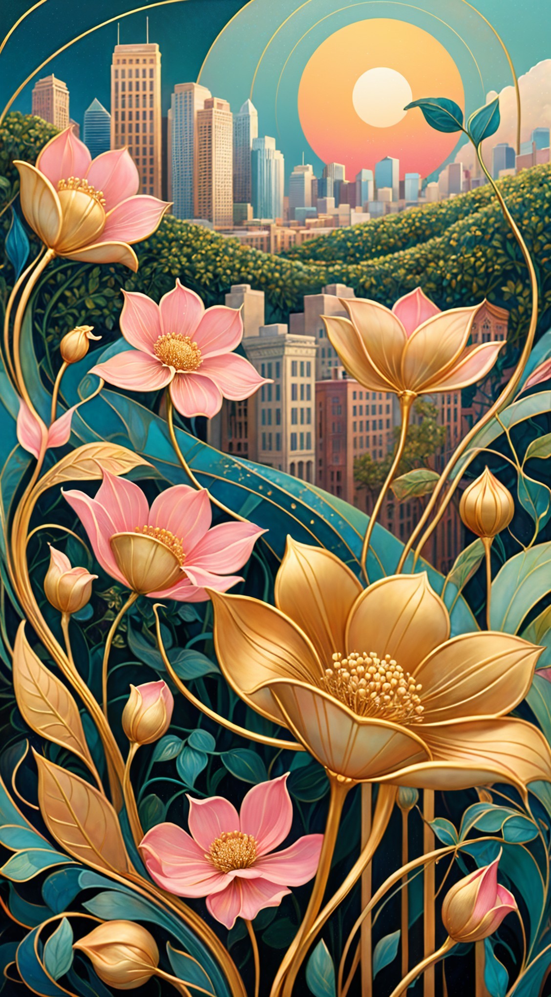Vibrant Landscape with Floral Elements and City Skyline