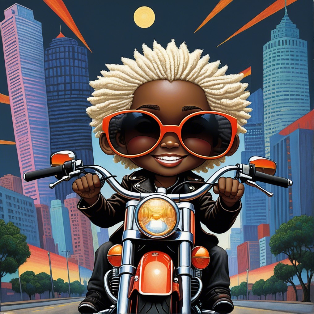 Animated Character on Motorcycle in Vibrant Cityscape