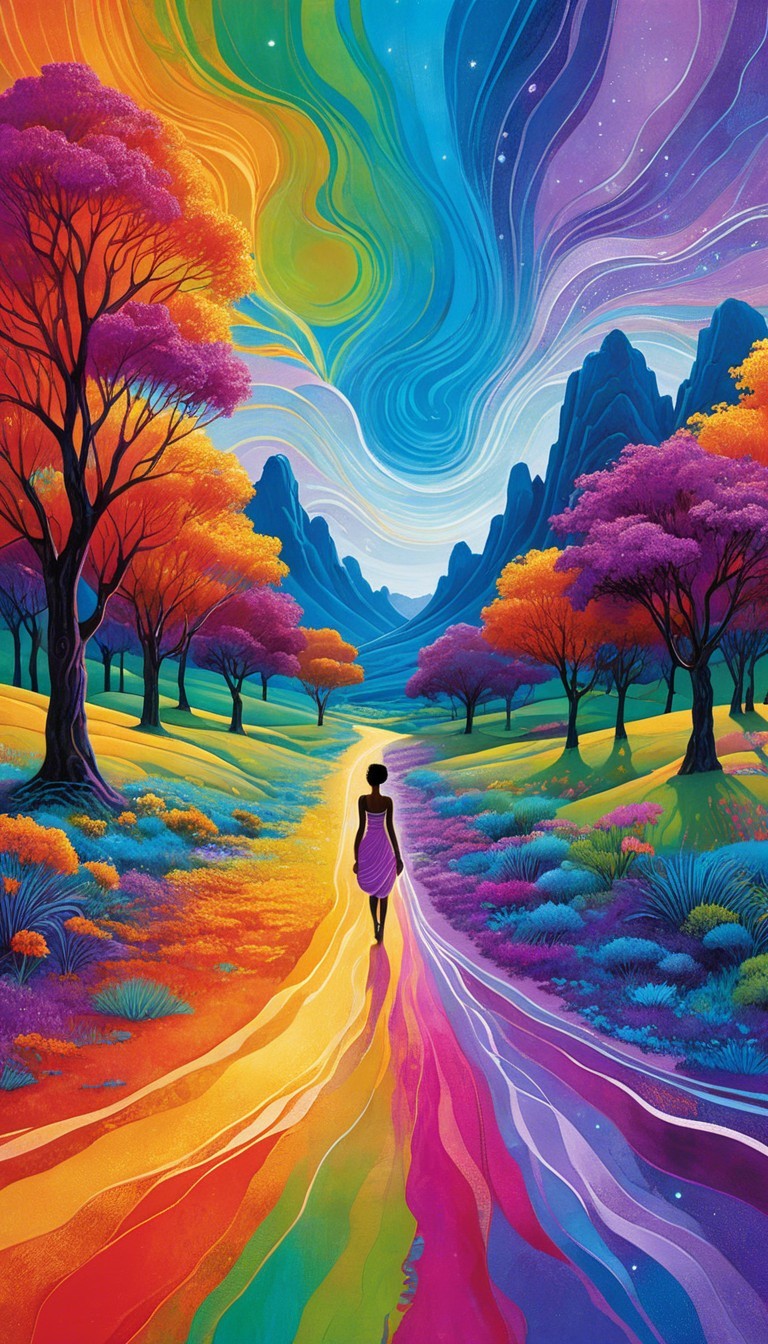 Vibrant Landscape with Colorful Path and Mountains