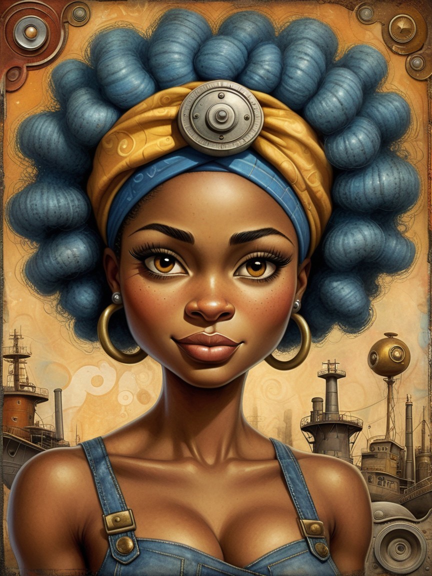 Portrait of a young woman with blue curls and denim overalls