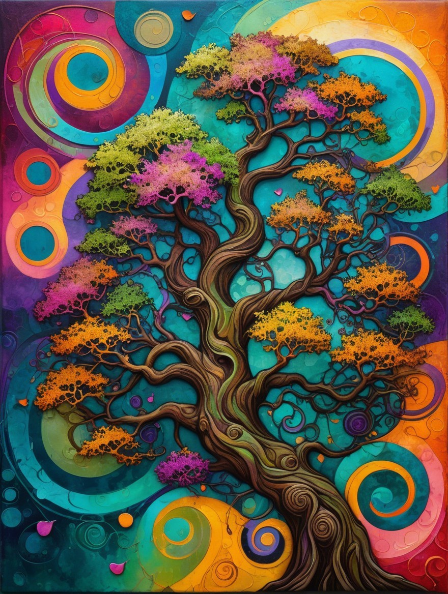 Vibrant Stylized Tree with Colorful Leaves and Patterns