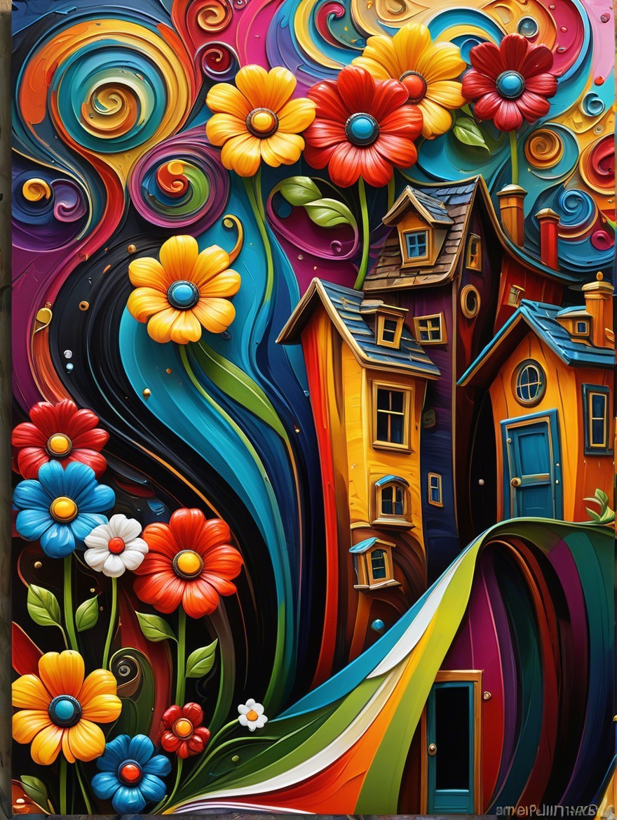 Vibrant Whimsical Scene with Colorful Patterns and Shapes