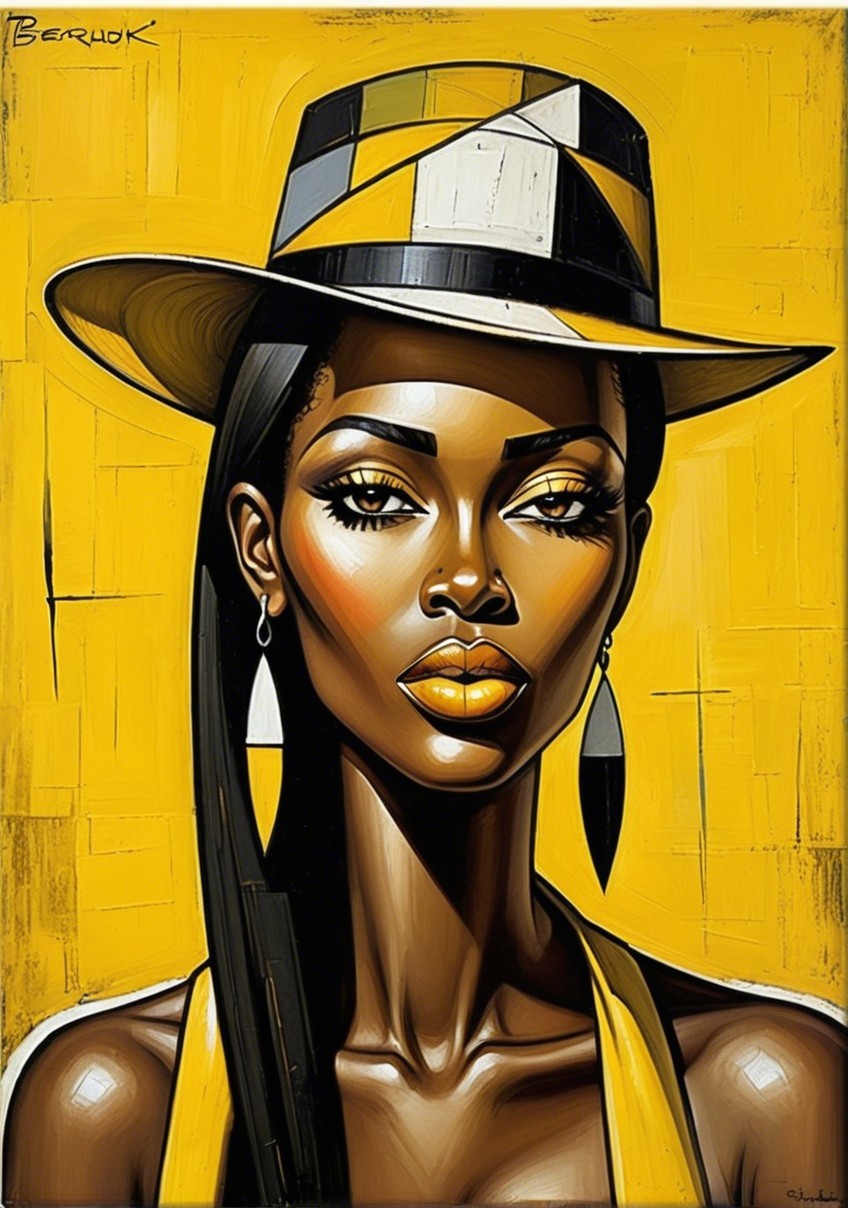 Striking Artwork of Confident Woman with Bold Hat