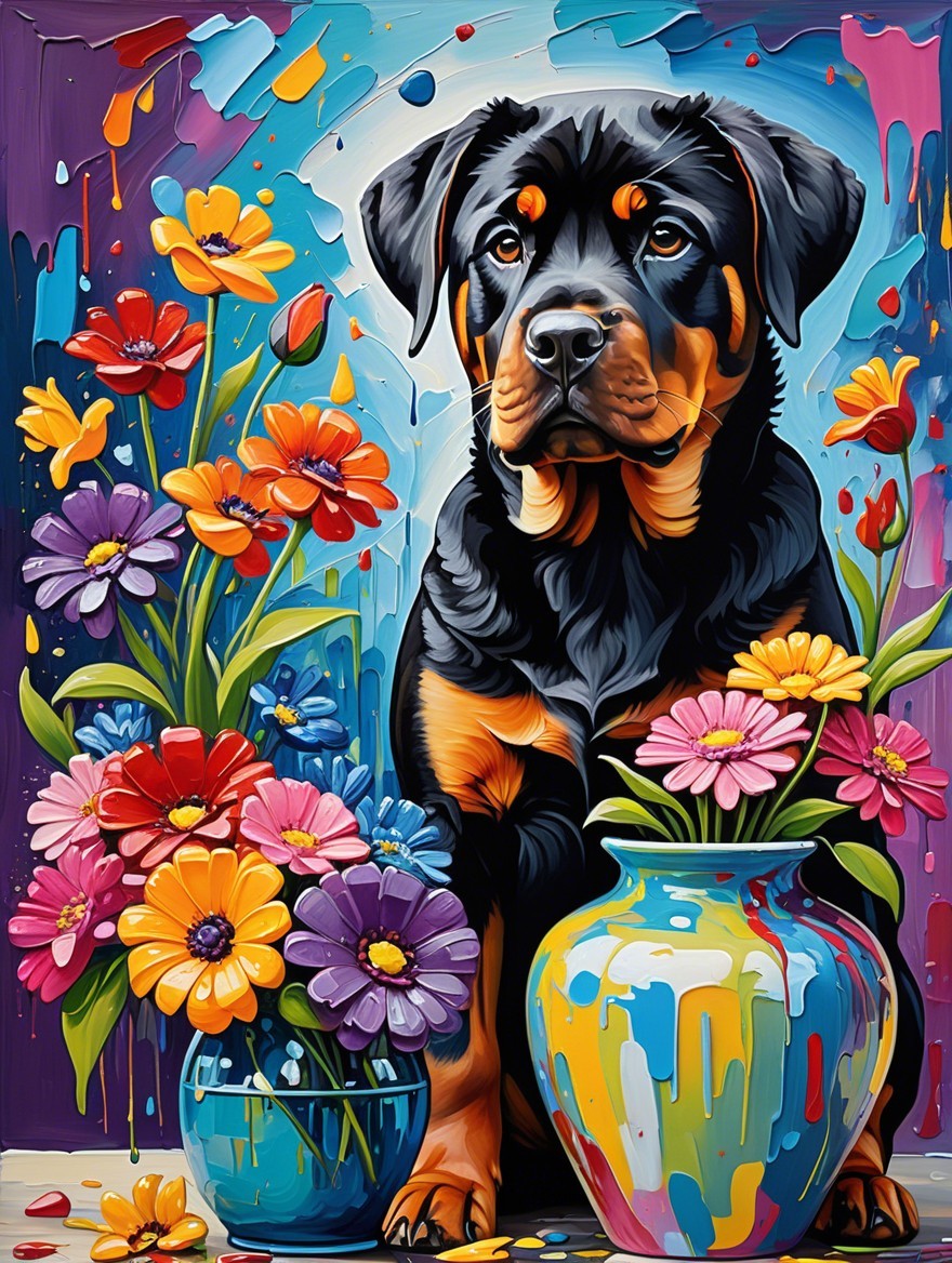 Rottweiler Surrounded by Colorful Vases and Flowers