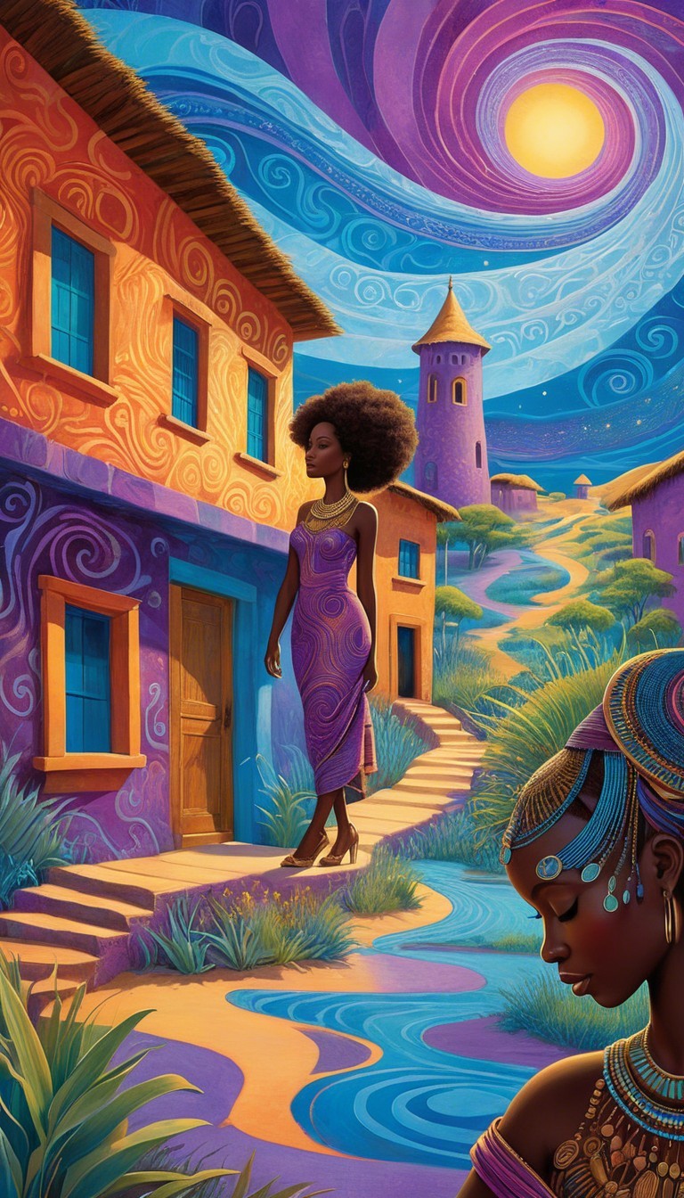 Two Women in Colorful Attire in Whimsical Village Scene