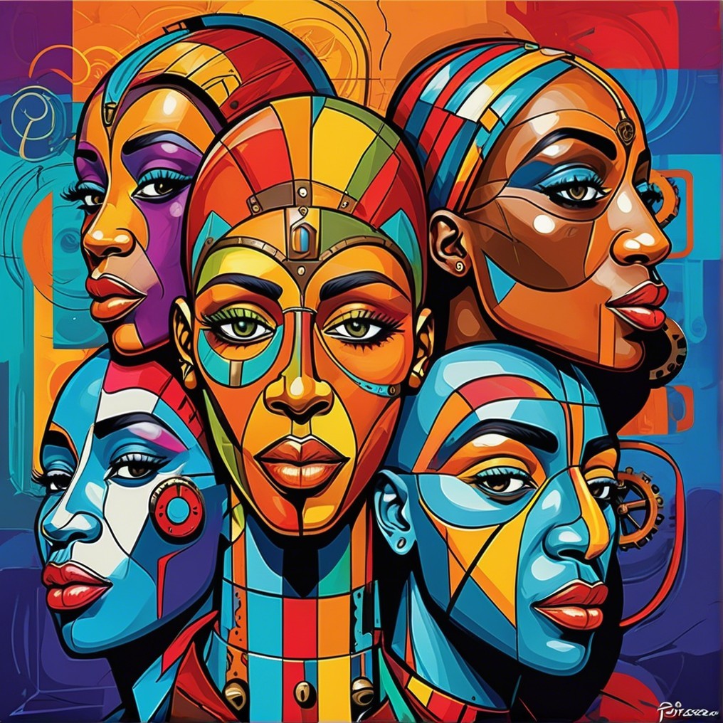 Vibrant Artwork of Stylized Faces with Geometric Patterns