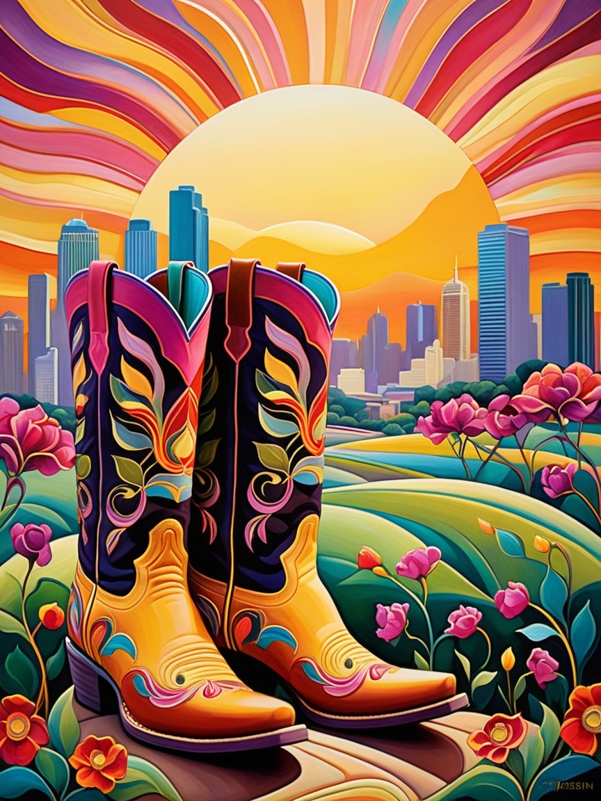 Vibrant Landscape with Cowboy Boots and Skyline