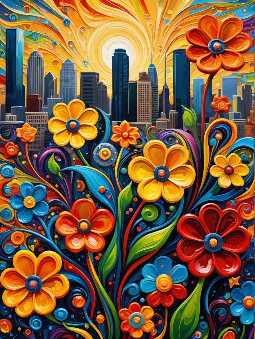 Colorful City Skyline with Oversized Flower Garden