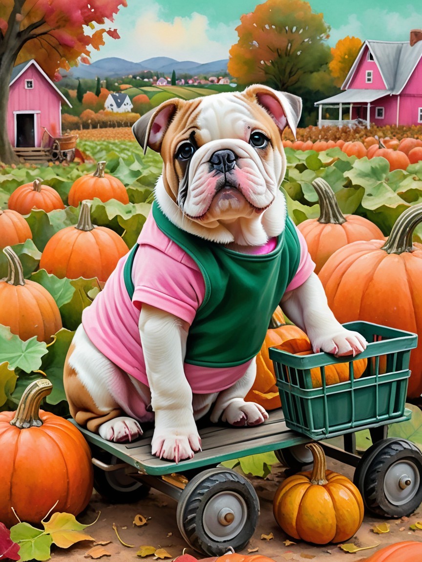 Bulldog in Pink Shirt Amidst Autumn Pumpkins