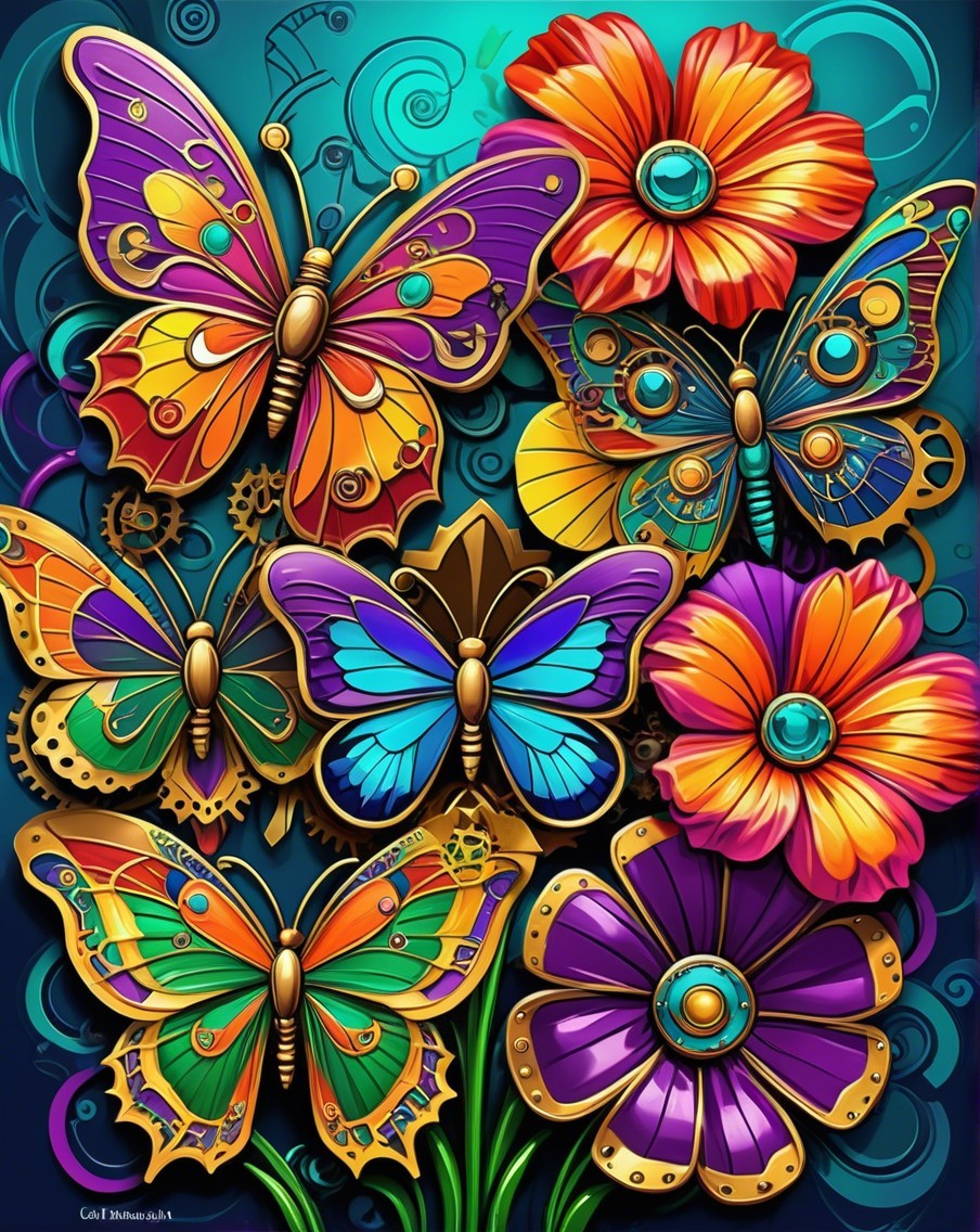 Intricate Butterflies and Colorful Flowers Composition
