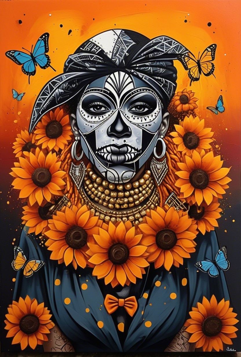 Figure with Skull Face Surrounded by Sunflowers and Butterflies
