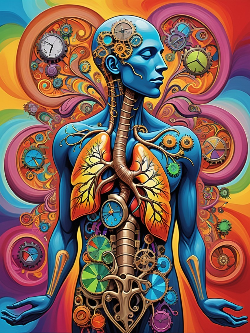 Stylized Human Figure with Gears and Clocks Background