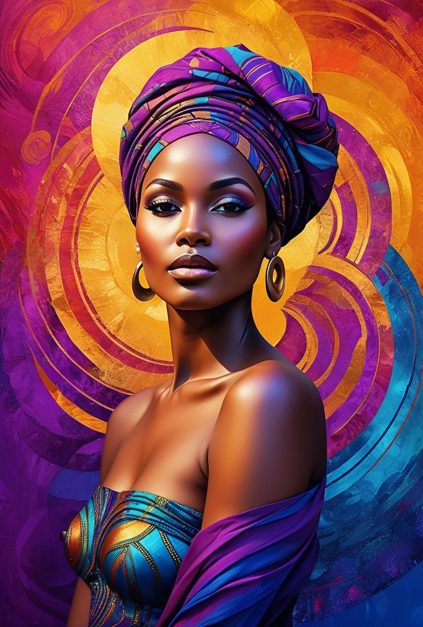 Portrait of a woman with vibrant headwrap and earrings