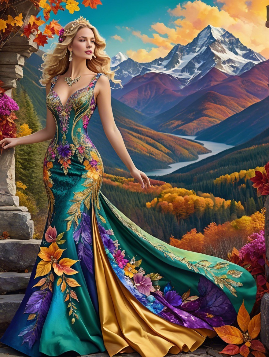 Model in Vibrant Floral Dress by Serene River and Mountains