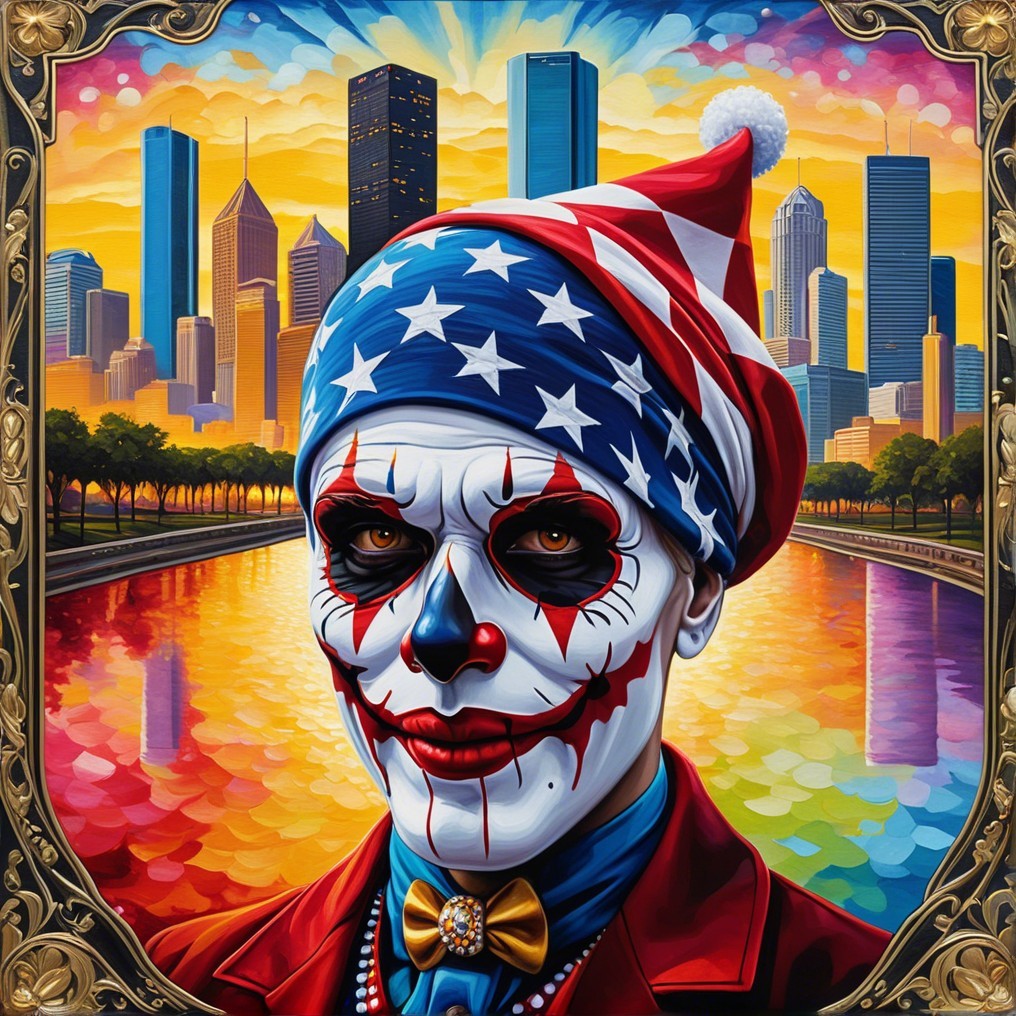 Colorful Clown Portrait with Urban Skyline Reflection