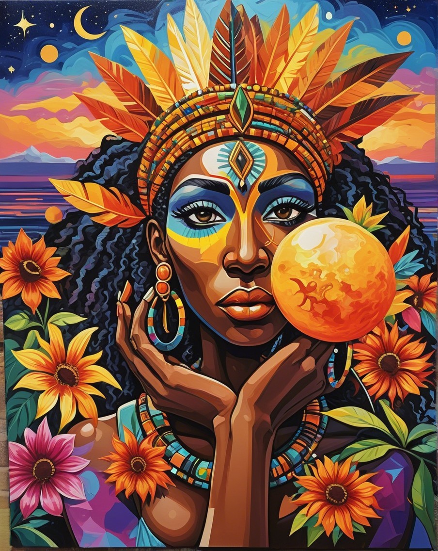 Vibrant Portrait of a Woman with Feathered Headdress