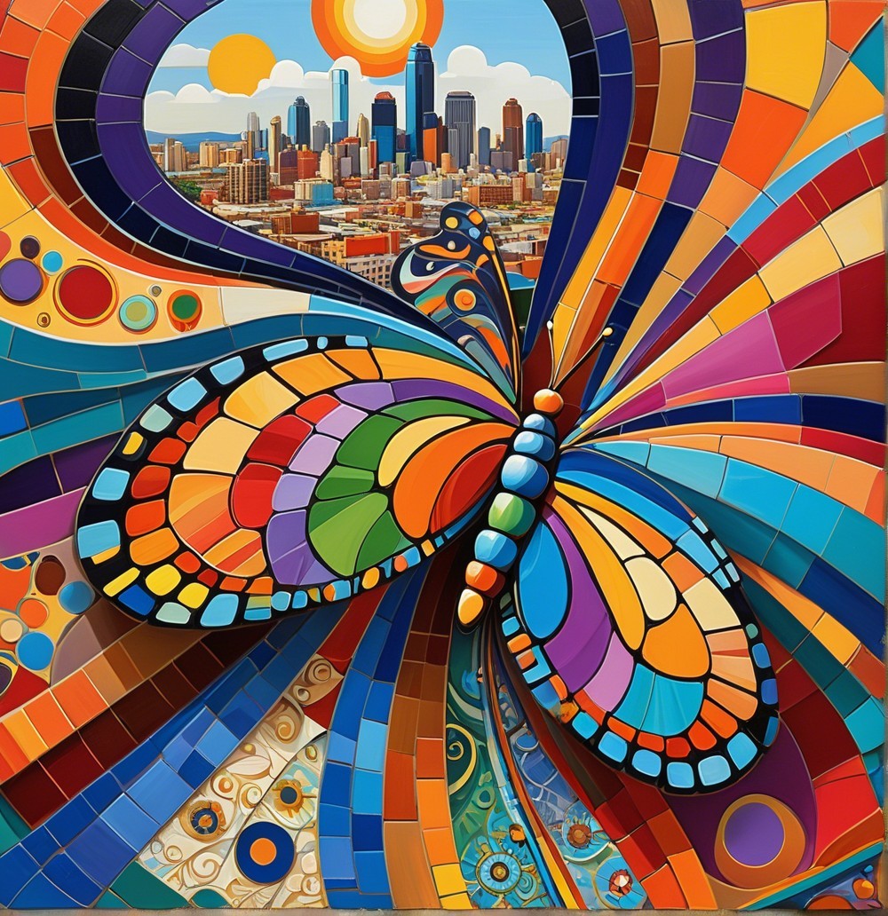 Abstract Butterfly with Mosaic Patterns and Cityscape