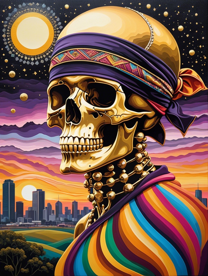 Vibrant Skull Art with Sunset and City Skyline