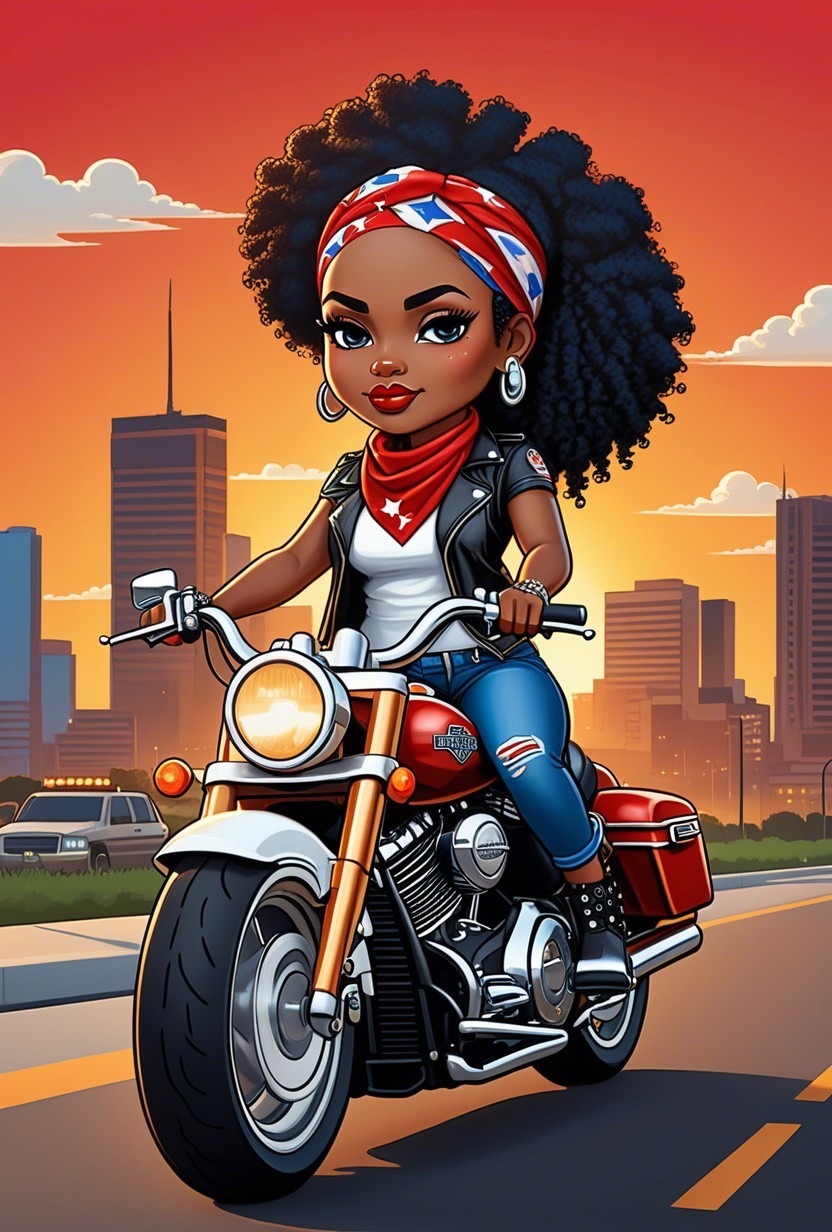 Young Woman on Motorcycle at Sunset with City Skyline