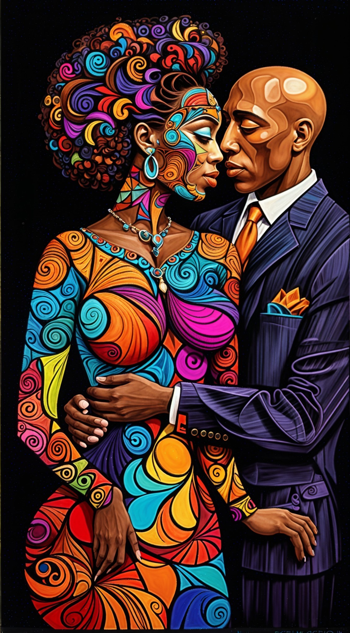 Stylized Couple Embrace with Intricate Patterns
