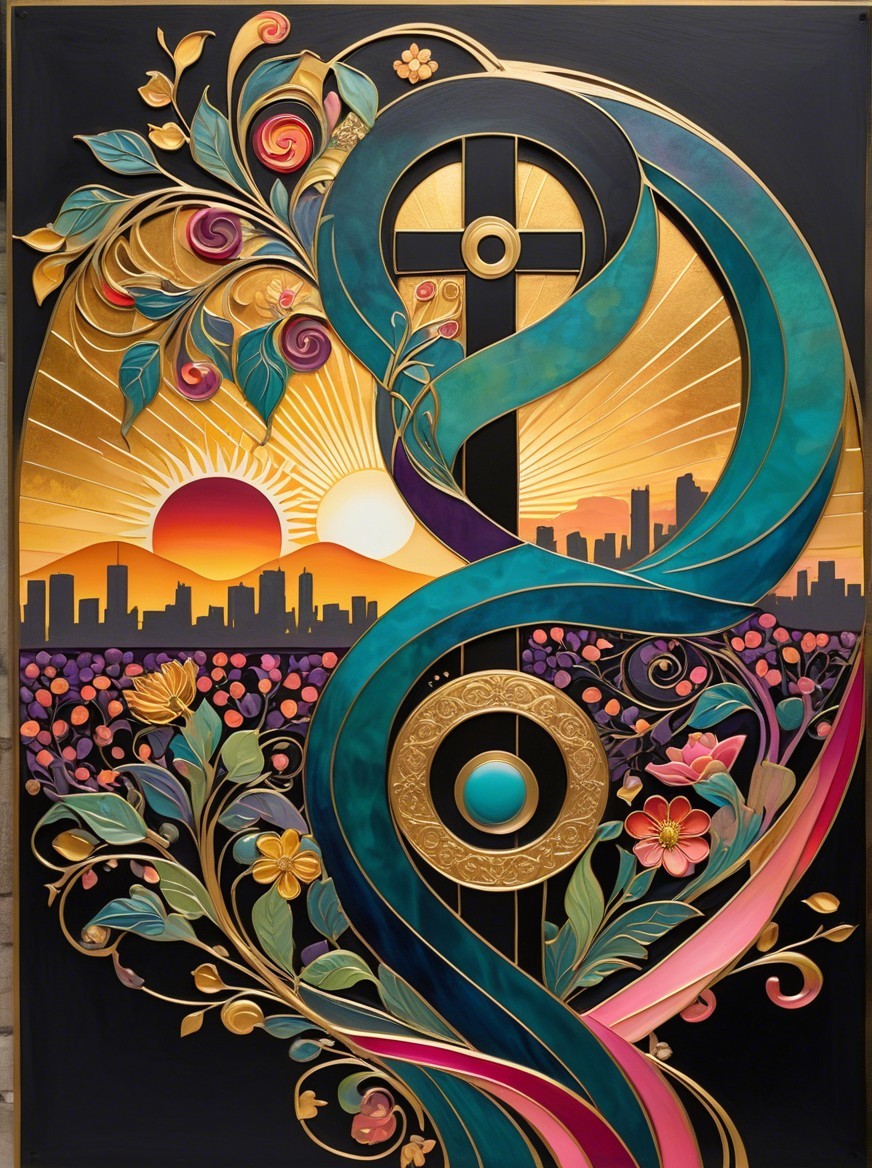 Vibrant Artwork with Cross and Sunrise City Skyline