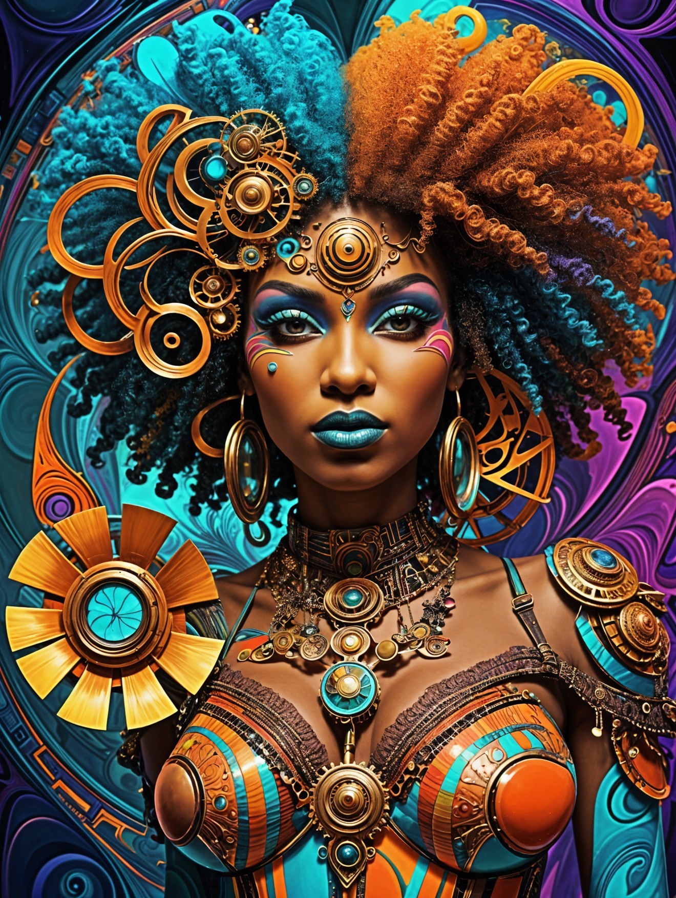 Portrait of a woman with vibrant hair and intricate outfit
