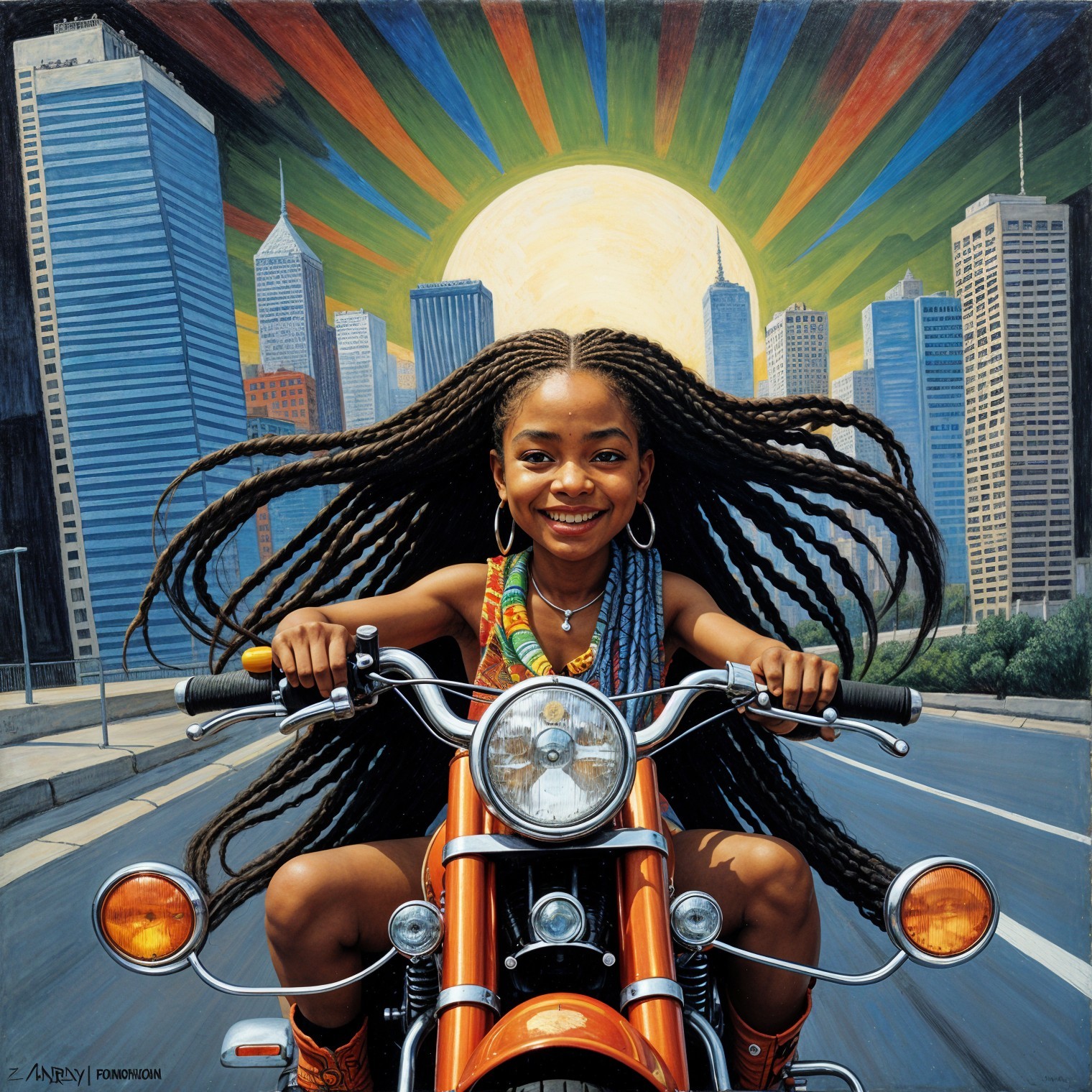 Vibrant Painting of Girl Riding Motorcycle in City