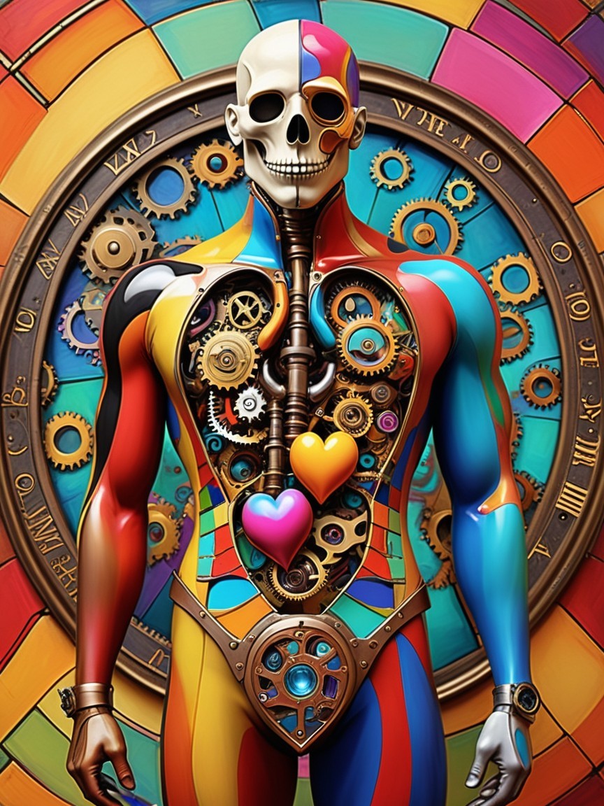 Vivid Humanoid Figure with Mechanical Elements and Colors