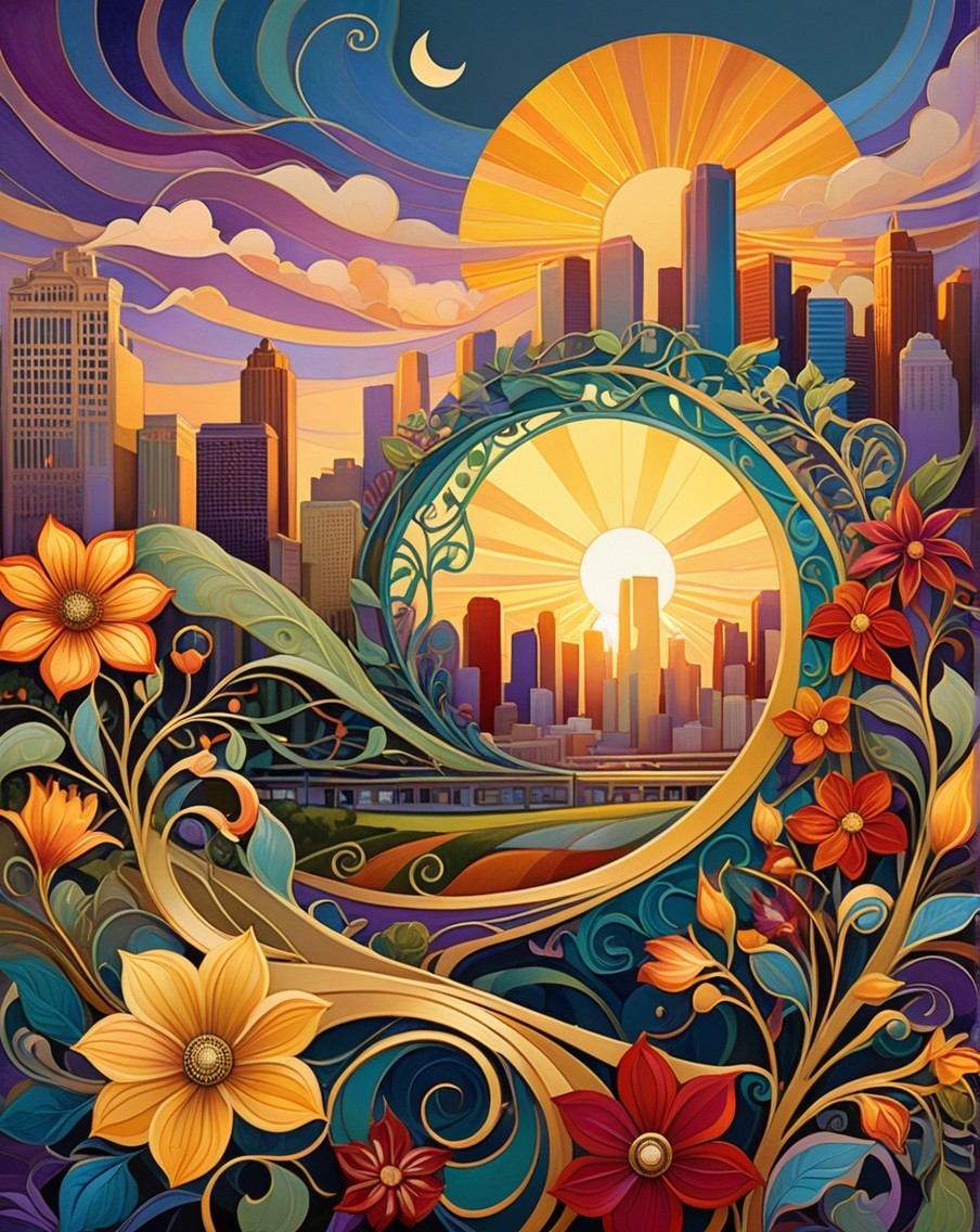 Vibrant Cityscape with Floral Frame and Sunburst