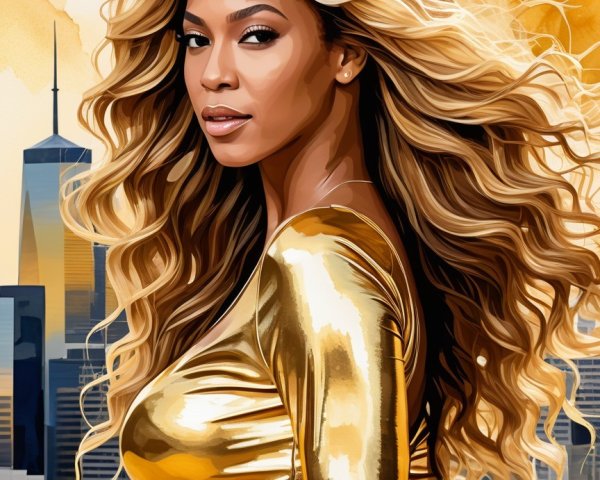 Portrait of a Woman in Gold Against City Skyline