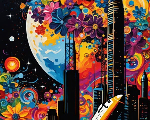 Psychedelic Rocket Launch Against Colorful Skyline