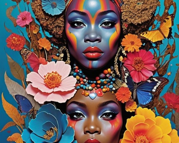 Vibrant Figures with Colorful Face Paint and Flowers