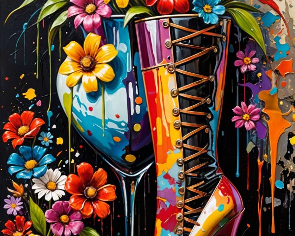 Colorful High-Heeled Boot Surrounded by Blooming Flowers