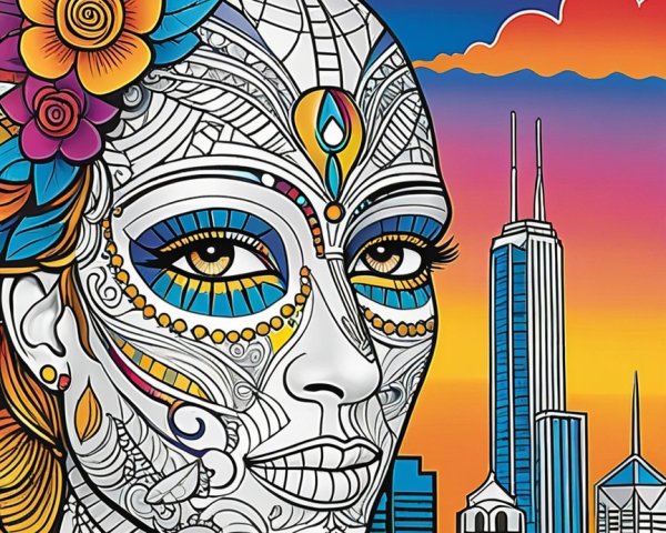 Vibrant Face Art with Flowers Against Sunset Skyline