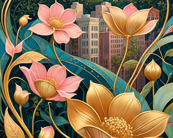 Vibrant Landscape with Floral Elements and City Skyline