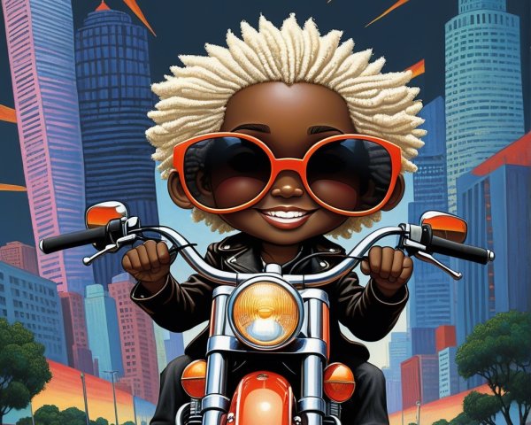Animated Character on Motorcycle in Vibrant Cityscape