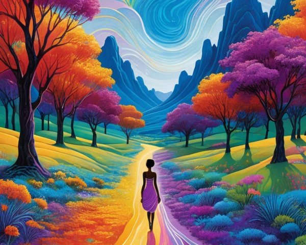 Vibrant Landscape with Colorful Path and Mountains