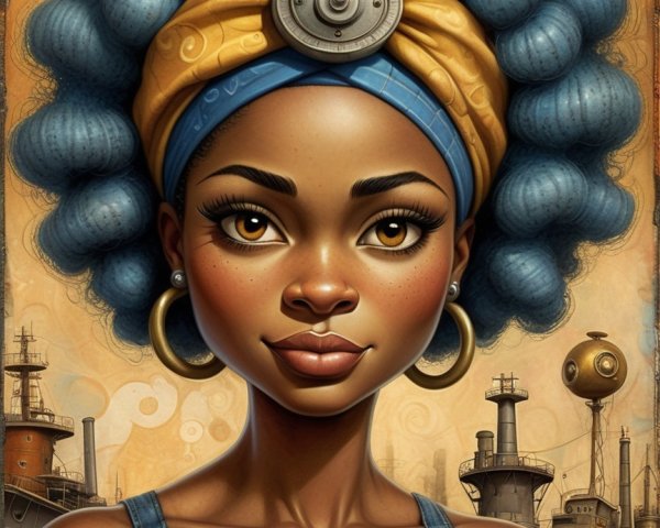 Portrait of a young woman with blue curls and denim overalls