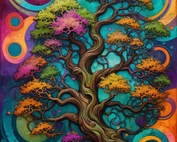 Vibrant Stylized Tree with Colorful Leaves and Patterns