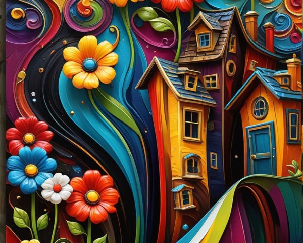Vibrant Whimsical Scene with Colorful Patterns and Shapes