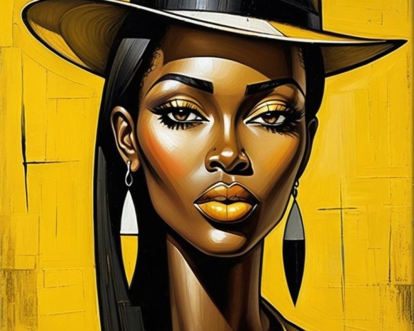 Striking Artwork of Confident Woman with Bold Hat